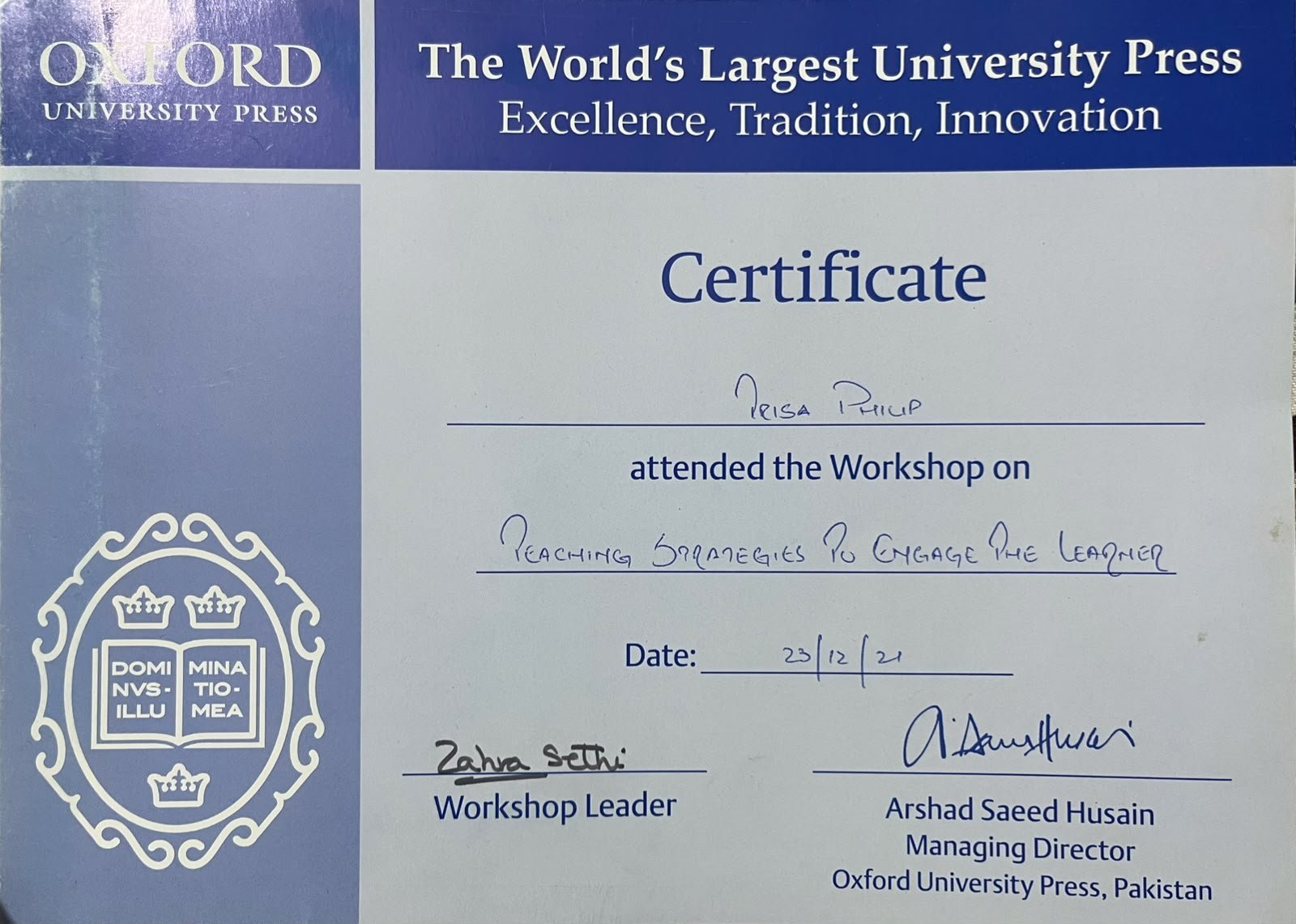 Oxford University Press teaching workshop certificate